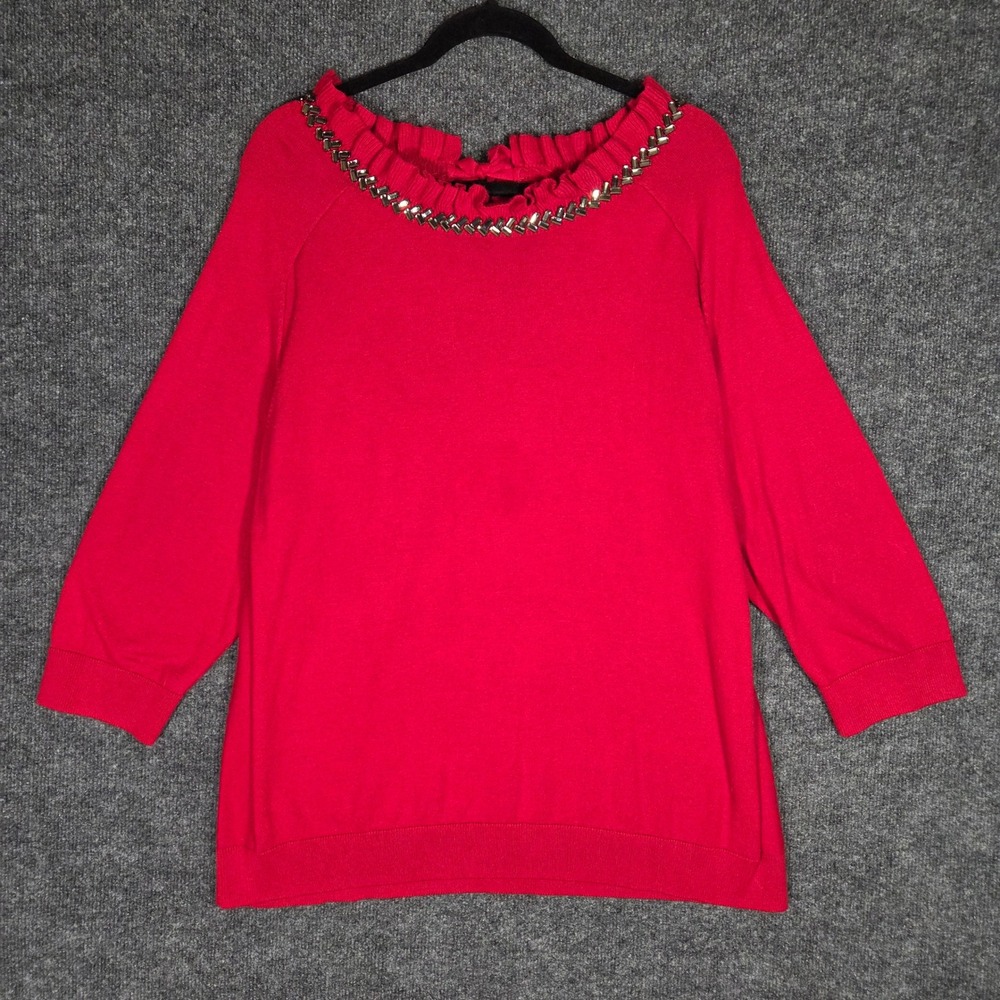 RSVP by Talbots Red Beaded Ruffle Neck Sweater Womens 2X 3/4 Sleeve Holiday Top